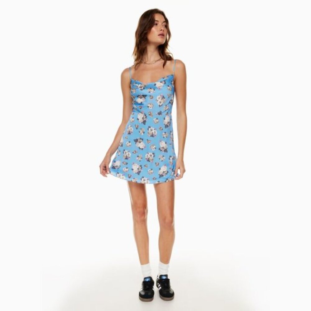 Aritzia Sunday Best Spencer Cowl Neck Mini Slip Dress Blue Floral Size XS - Picture 3 of 7